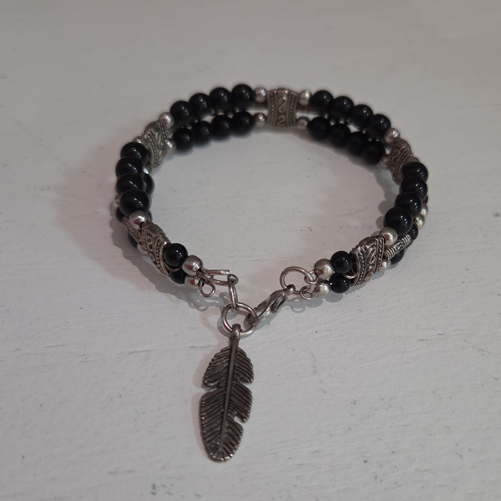 Black Beaded Bracelet with Feather Charm